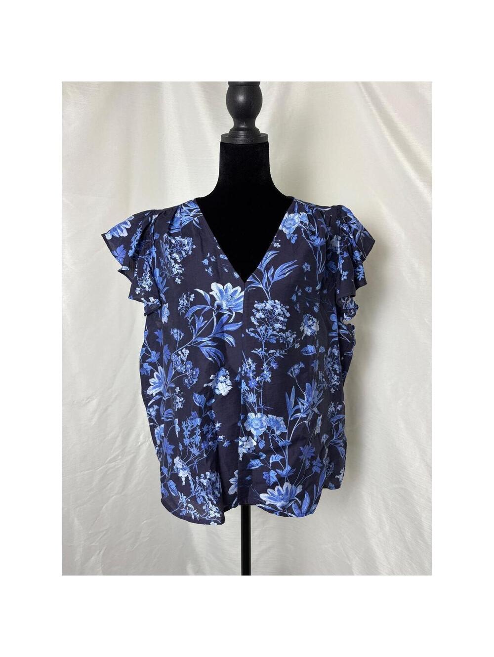 Gap Navy Blue Floral Flutter Sleeve V-Neck Blouse Top Large